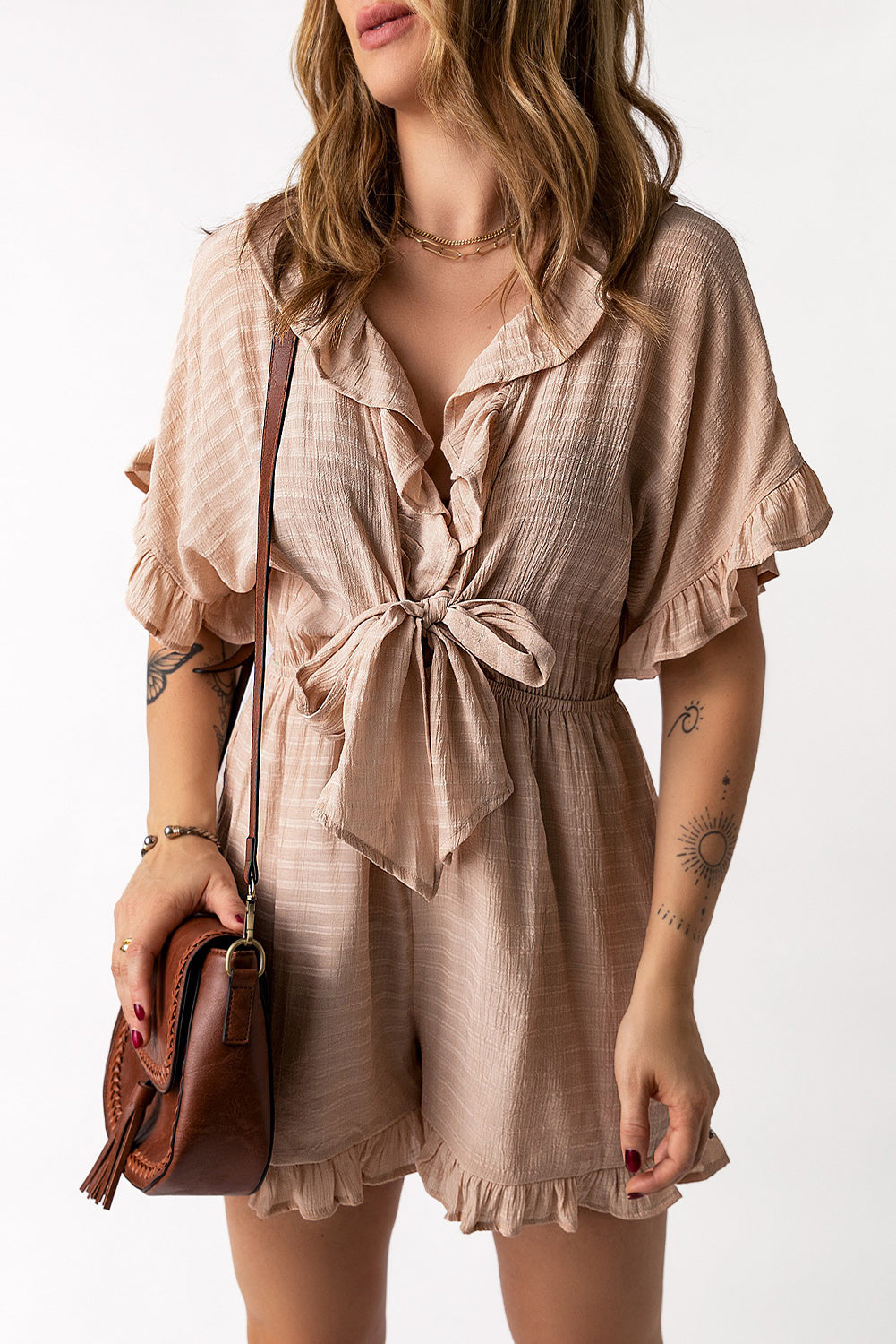 Khaki Ruffled High Waist Short Sleeve V Neck Romper