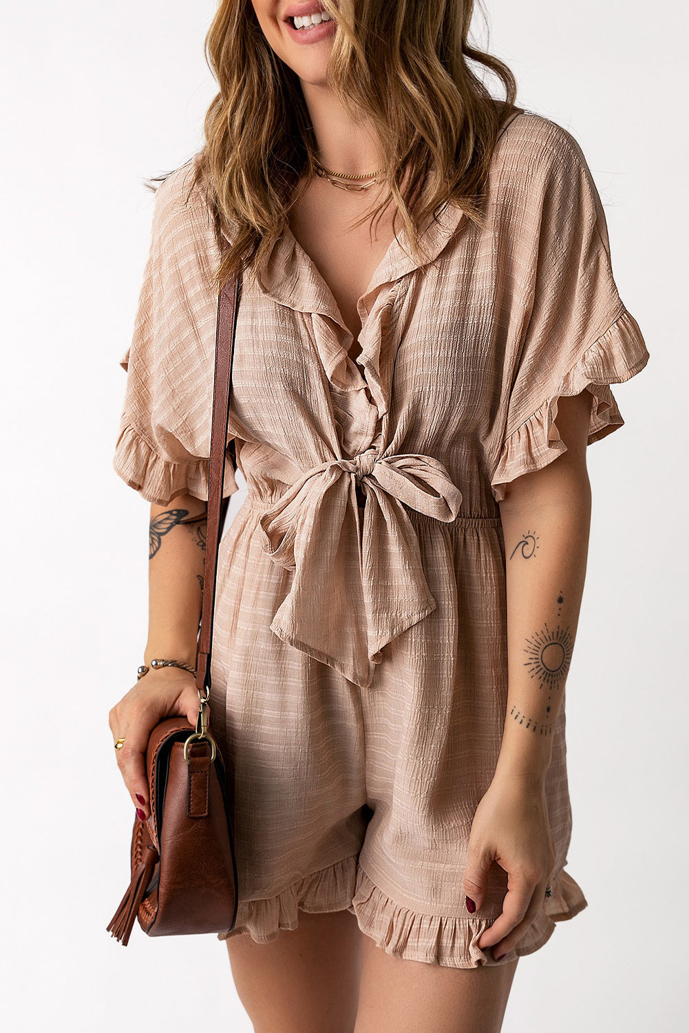 Khaki Ruffled High Waist Short Sleeve V Neck Romper