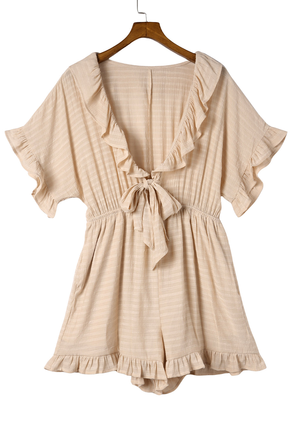 Khaki Ruffled High Waist Short Sleeve V Neck Romper