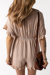 Khaki Ruffled High Waist Short Sleeve V Neck Romper