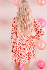 Pink Leopard Long Sleeves Short Dress