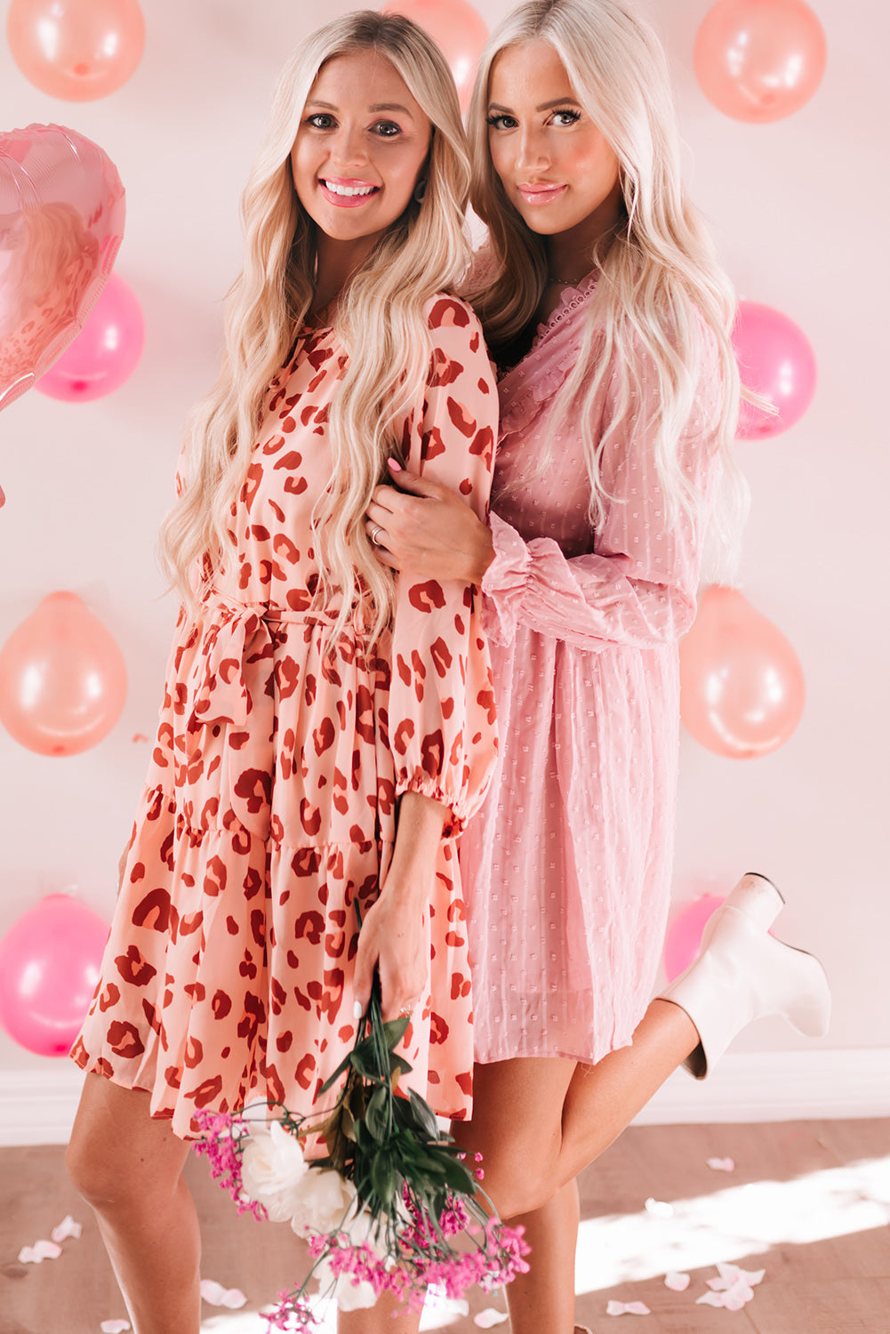 Pink Leopard Long Sleeves Short Dress