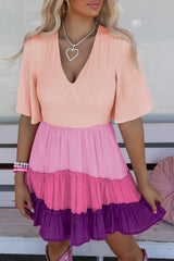 Pink Ombre Colorblock Tiered Dress