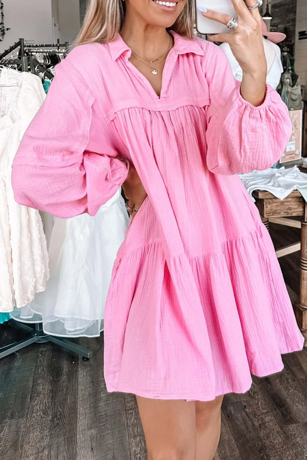 Pink Turn-down Neck Textured Bubble Sleeve Dress