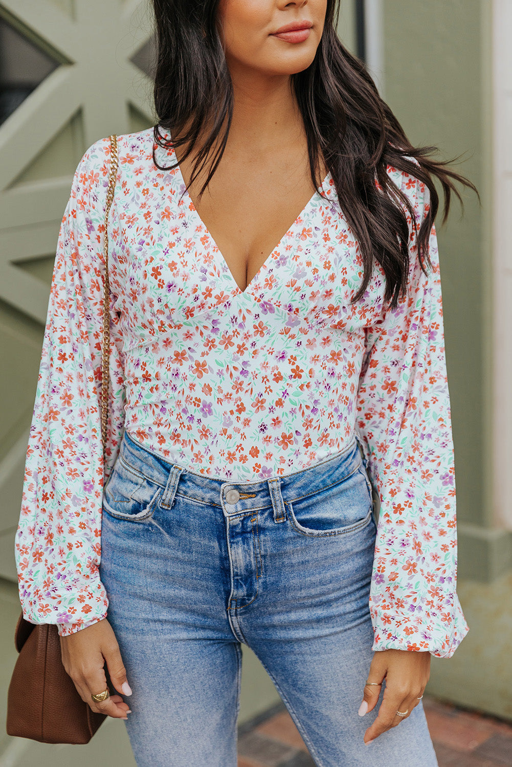 Plunging V Neck Floral Bodysuit