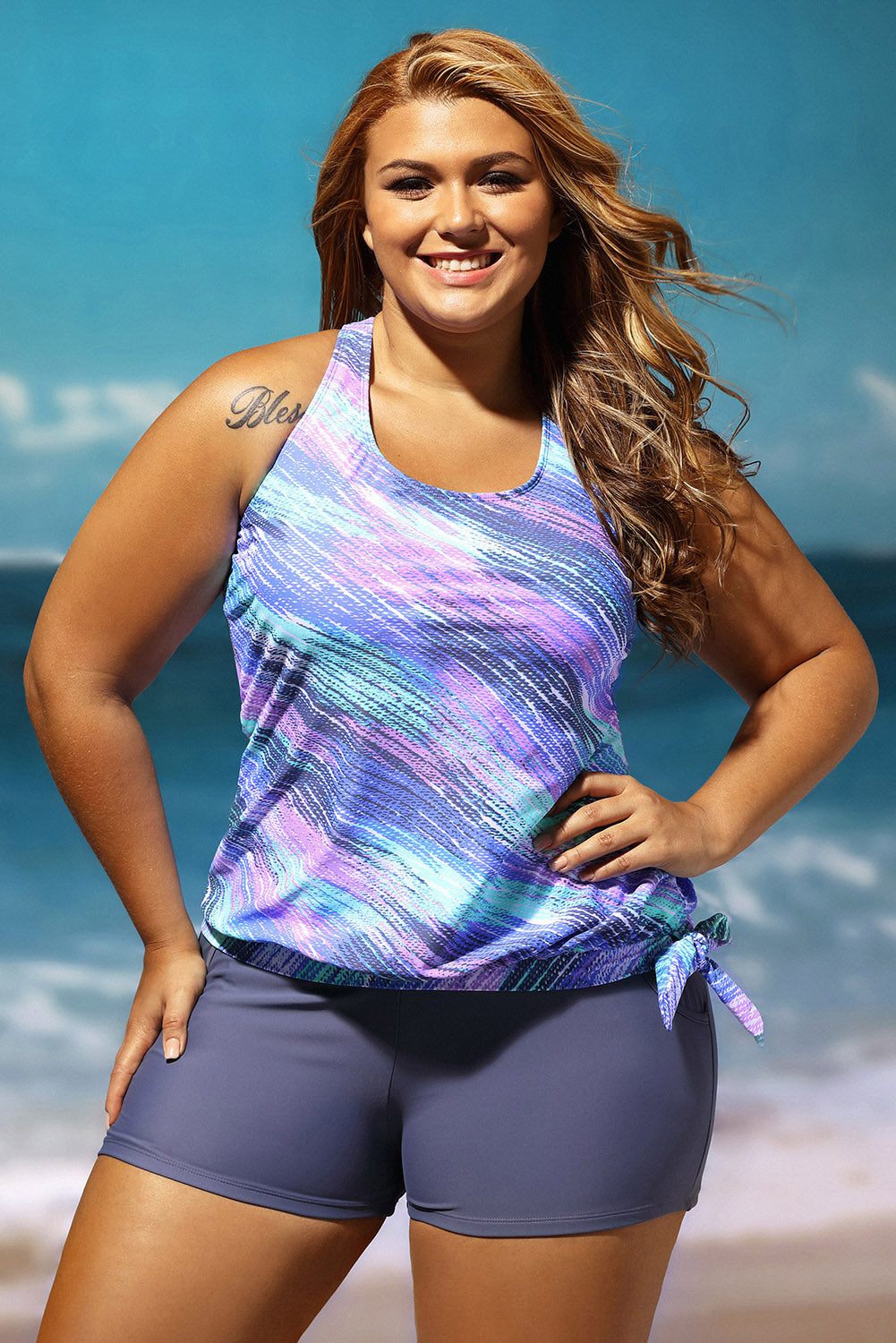 Print Blouson Tankini With Gray Swim Bottom