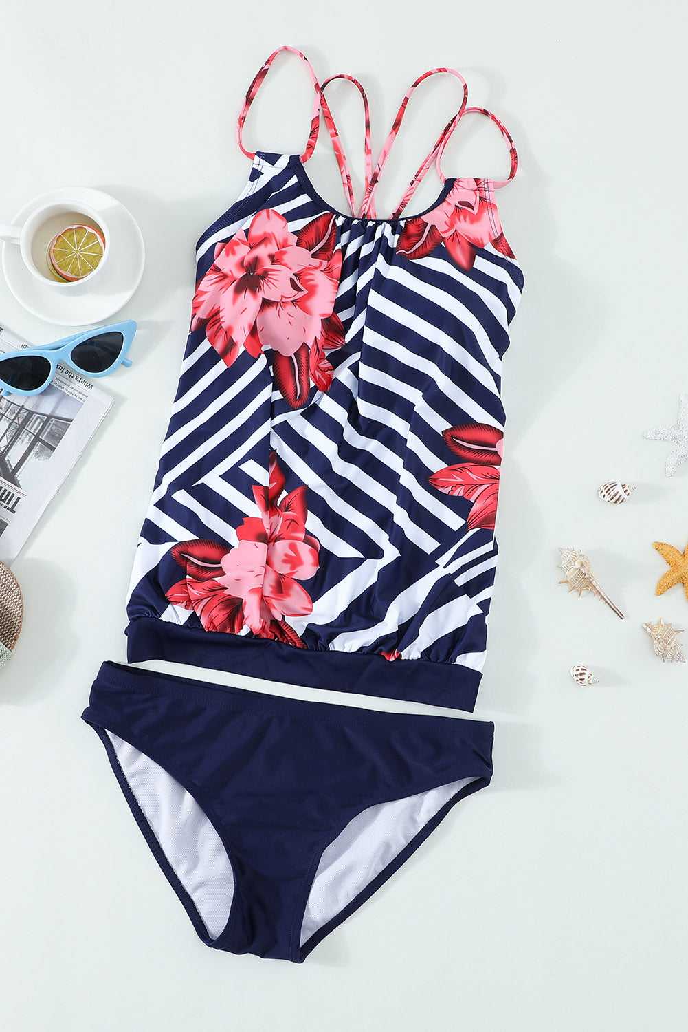 Print Criss Cross Hollow-Out Tankini Swimwear