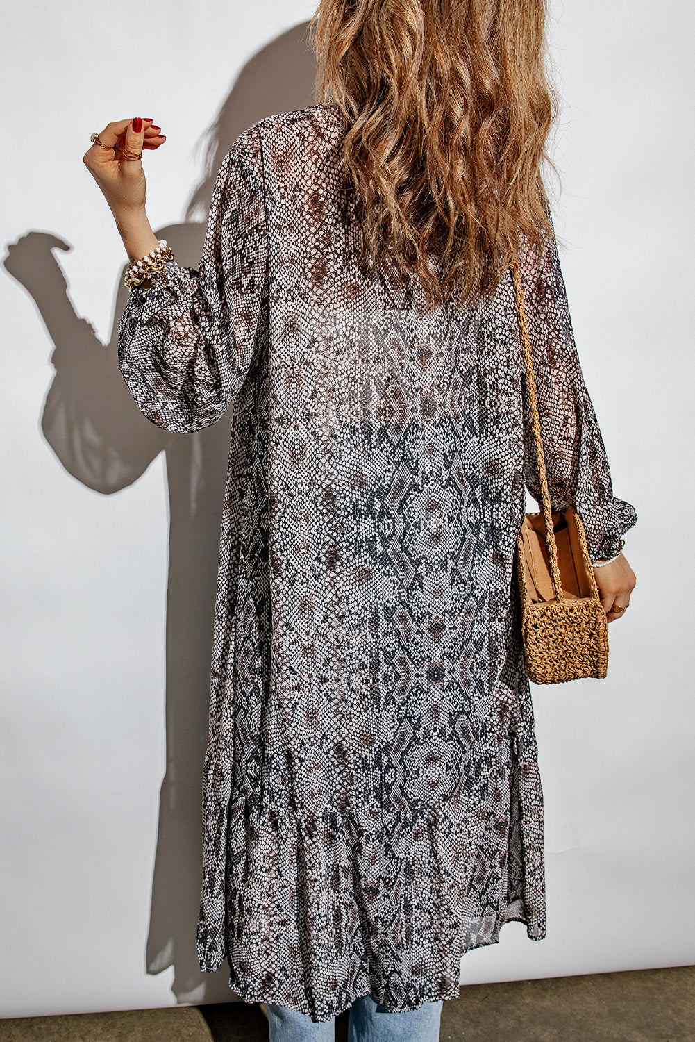 Print Ruffled Open Front Long Cover-Up