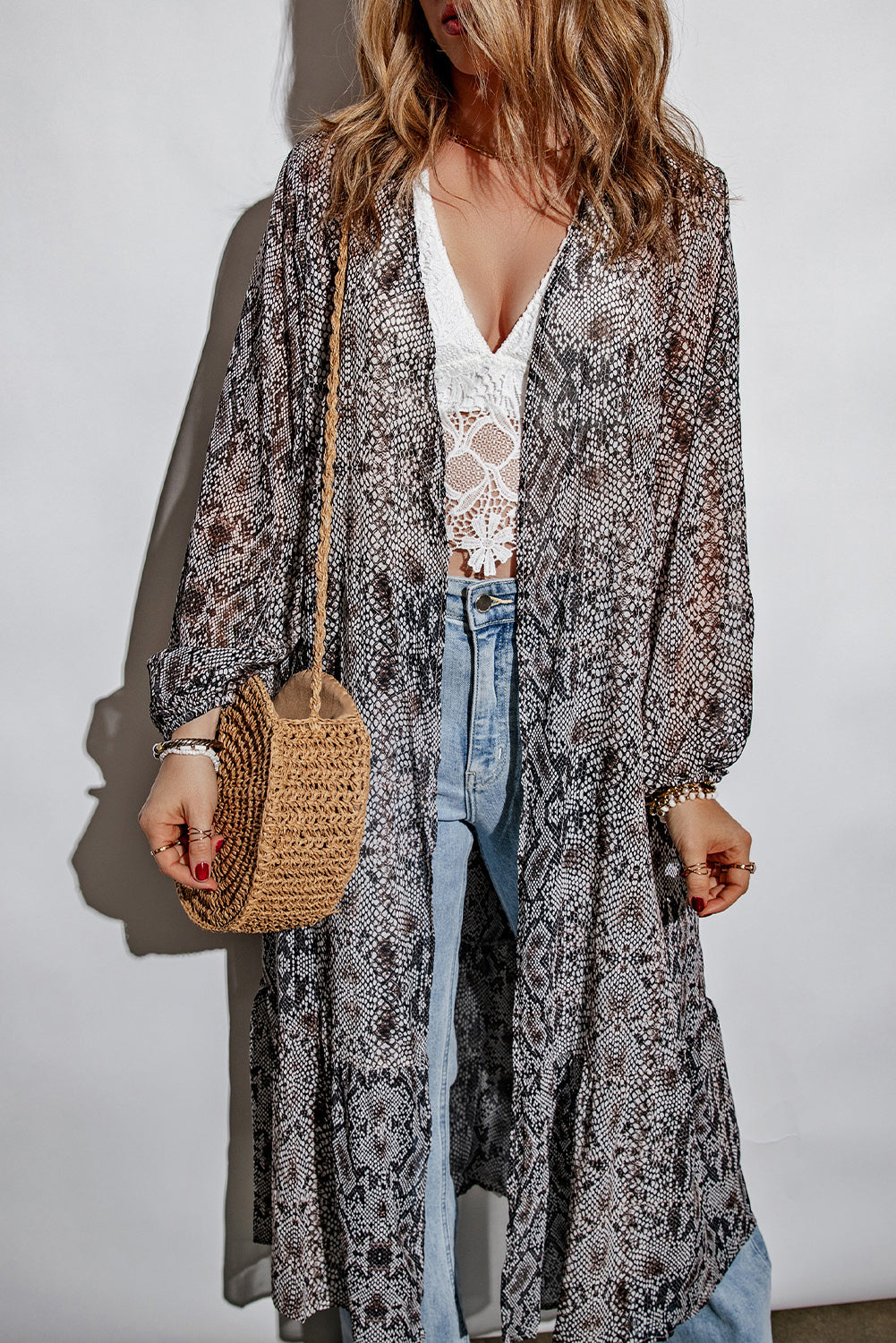 Print Ruffled Open Front Long Cover-Up