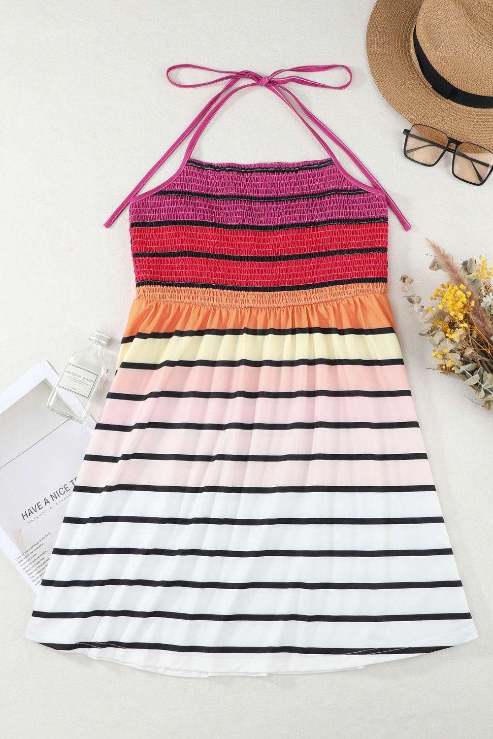 Print Smocked Halter Open Back Fit Flare Dress