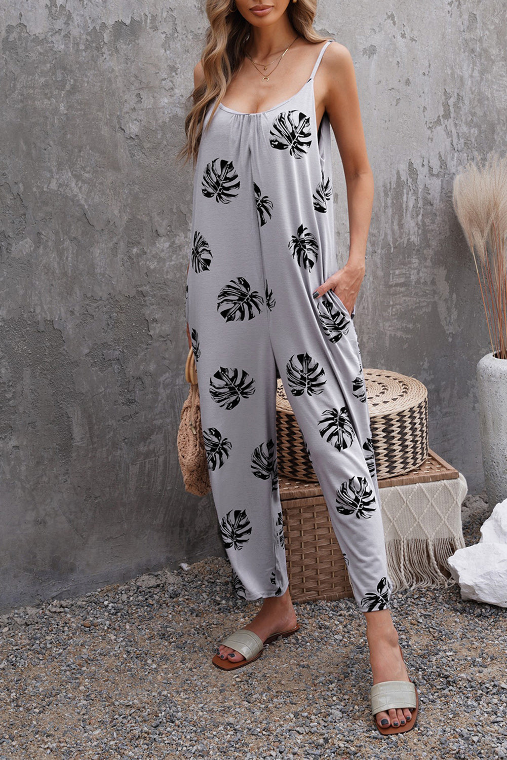 Print Spaghetti Strap Wide Leg Jumpsuit