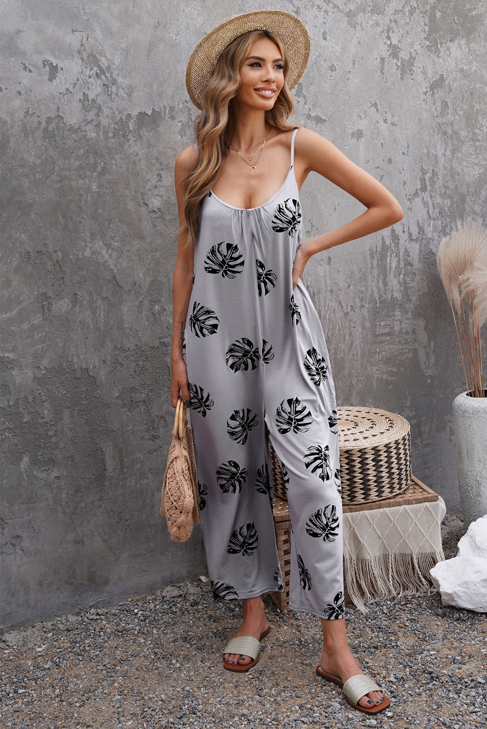 Print Spaghetti Strap Wide Leg Jumpsuit