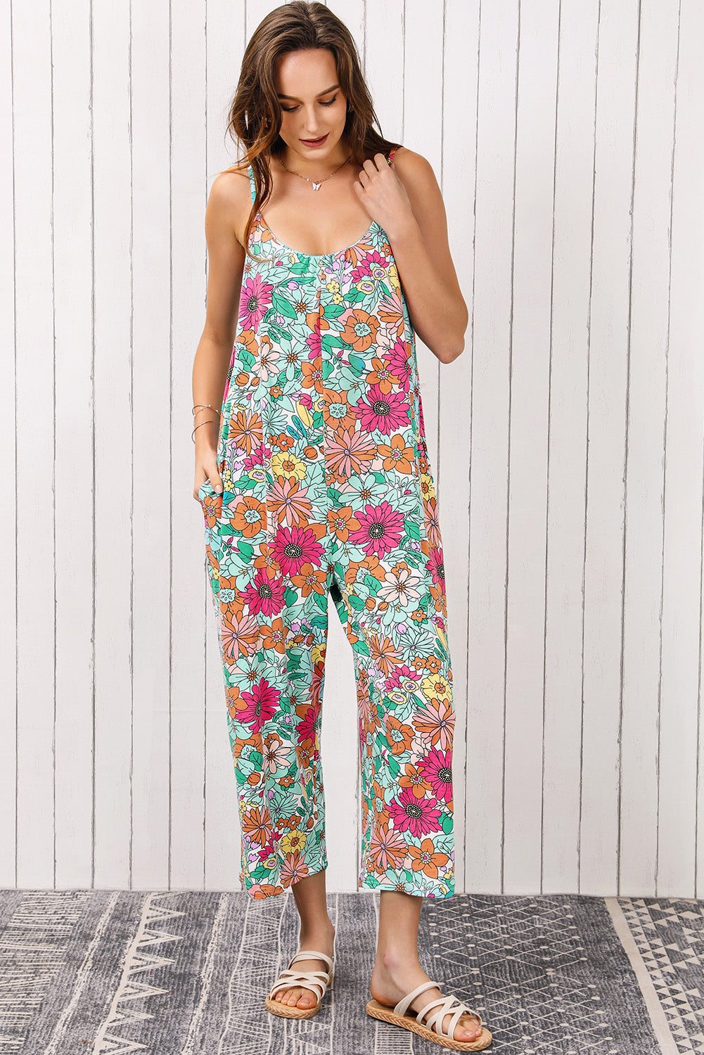 Print Spaghetti Strap Wide Leg Jumpsuit