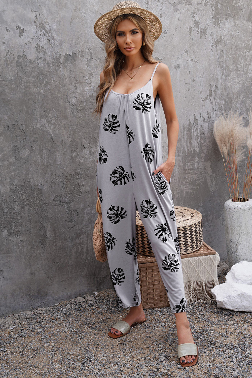 Print Spaghetti Strap Wide Leg Jumpsuit