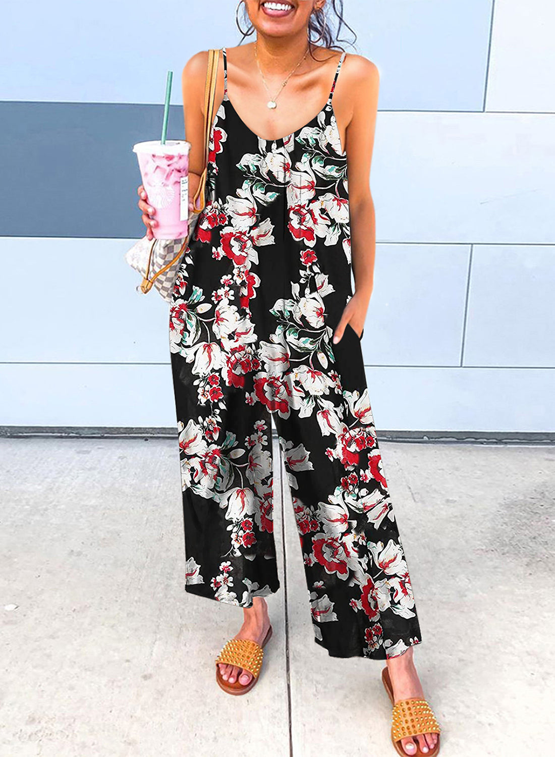 Print Spaghetti Strap Wide Leg Jumpsuit