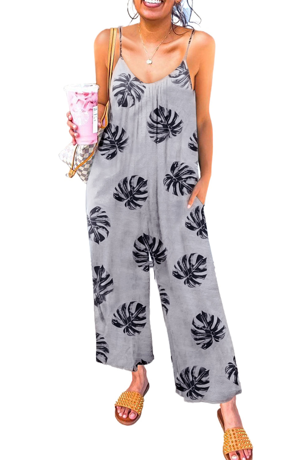 Print Spaghetti Strap Wide Leg Jumpsuit