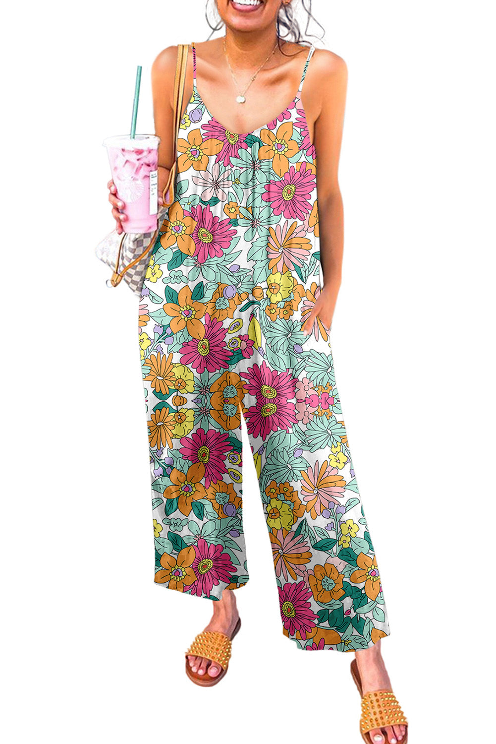 Print Spaghetti Strap Wide Leg Jumpsuit