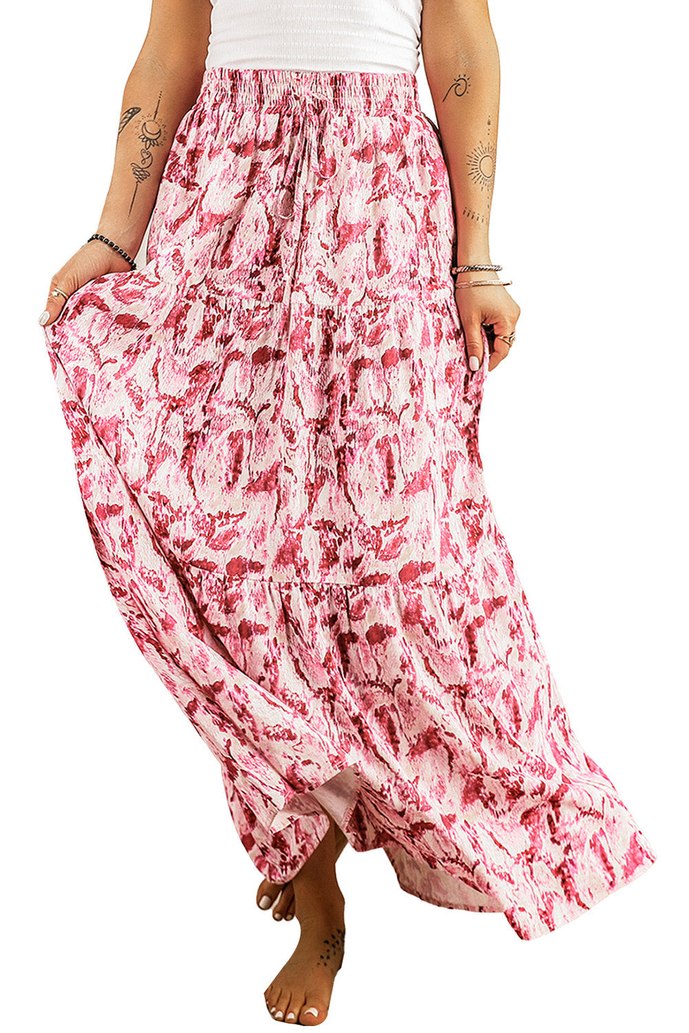 Printed Lace-Up High Waist Maxi Skirt