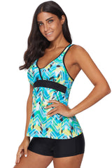 Printed Tankini Top Solid Boyshort Swimsuit