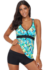 Printed Tankini Top Solid Boyshort Swimsuit