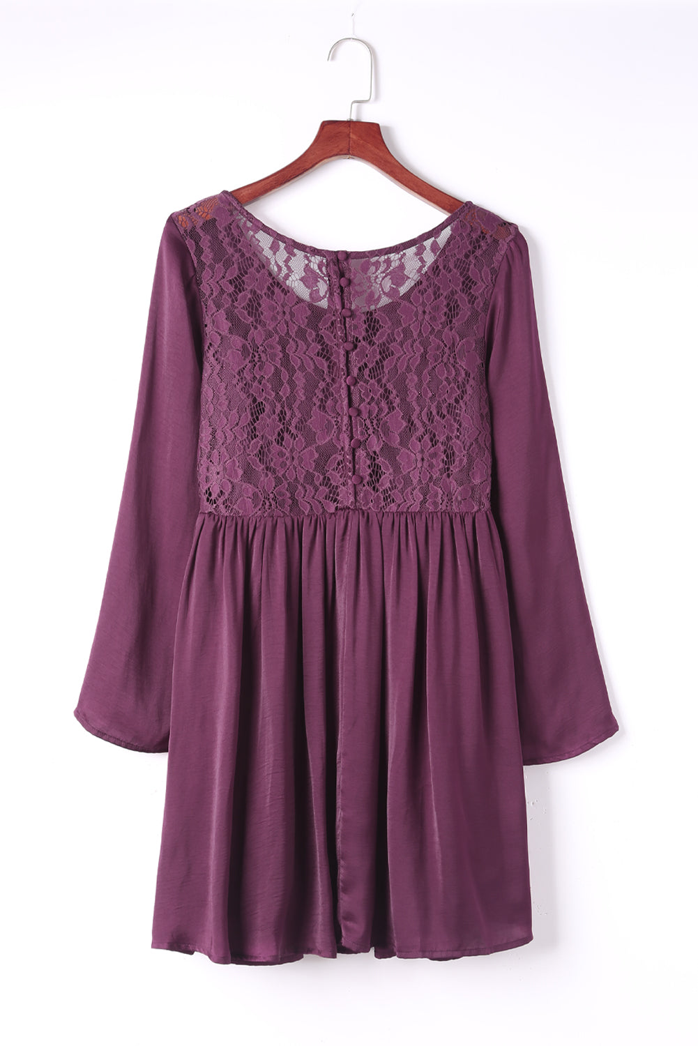 Purple Buttoned Sheer Lace Back Long Sleeve Dress