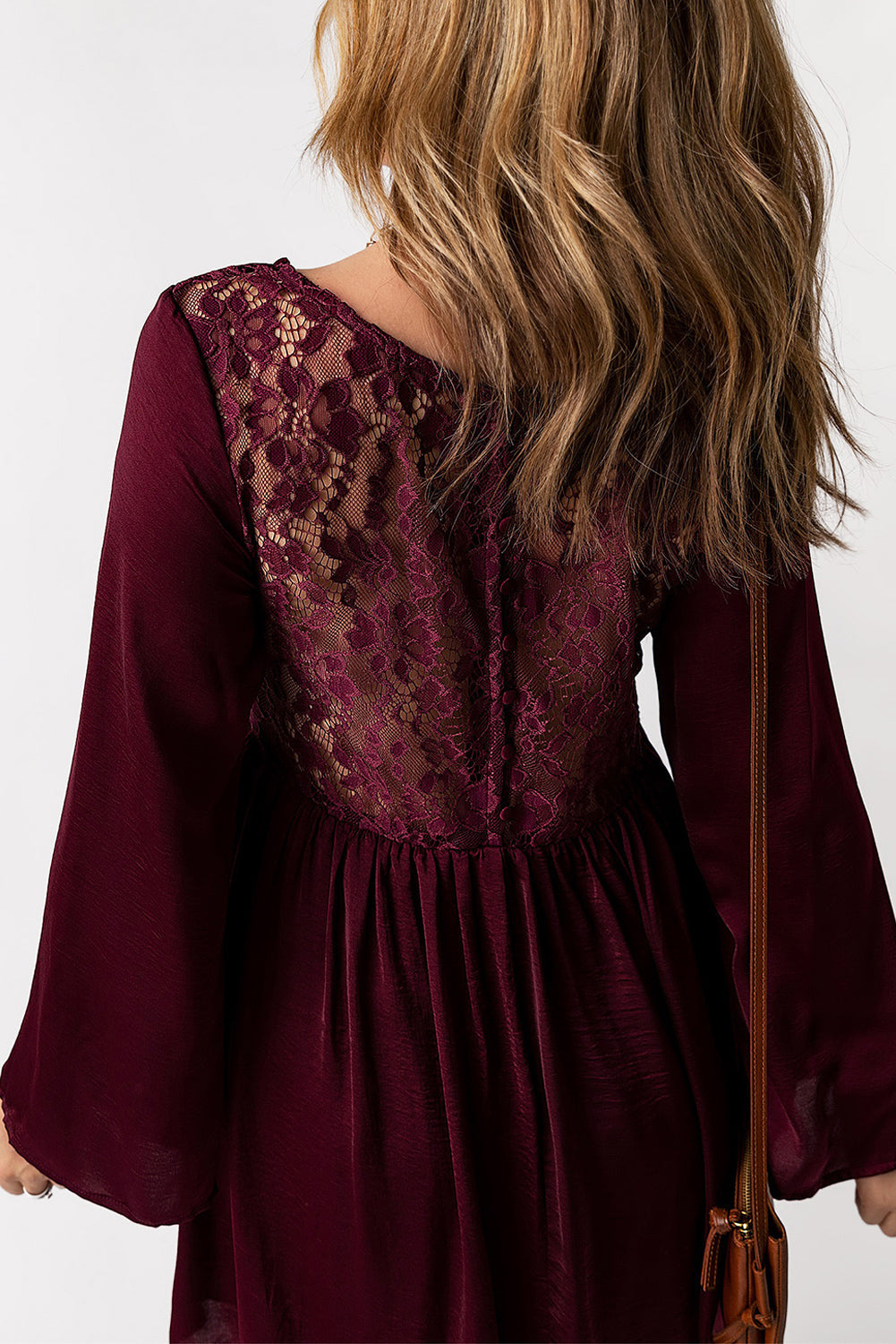 Purple Buttoned Sheer Lace Back Long Sleeve Dress