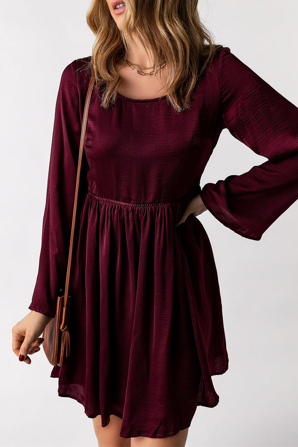 Purple Buttoned Sheer Lace Back Long Sleeve Dress