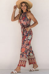 Purple Floral Print Frill Halterneck Wide Leg Jumpsuit