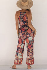 Purple Floral Print Frill Halterneck Wide Leg Jumpsuit