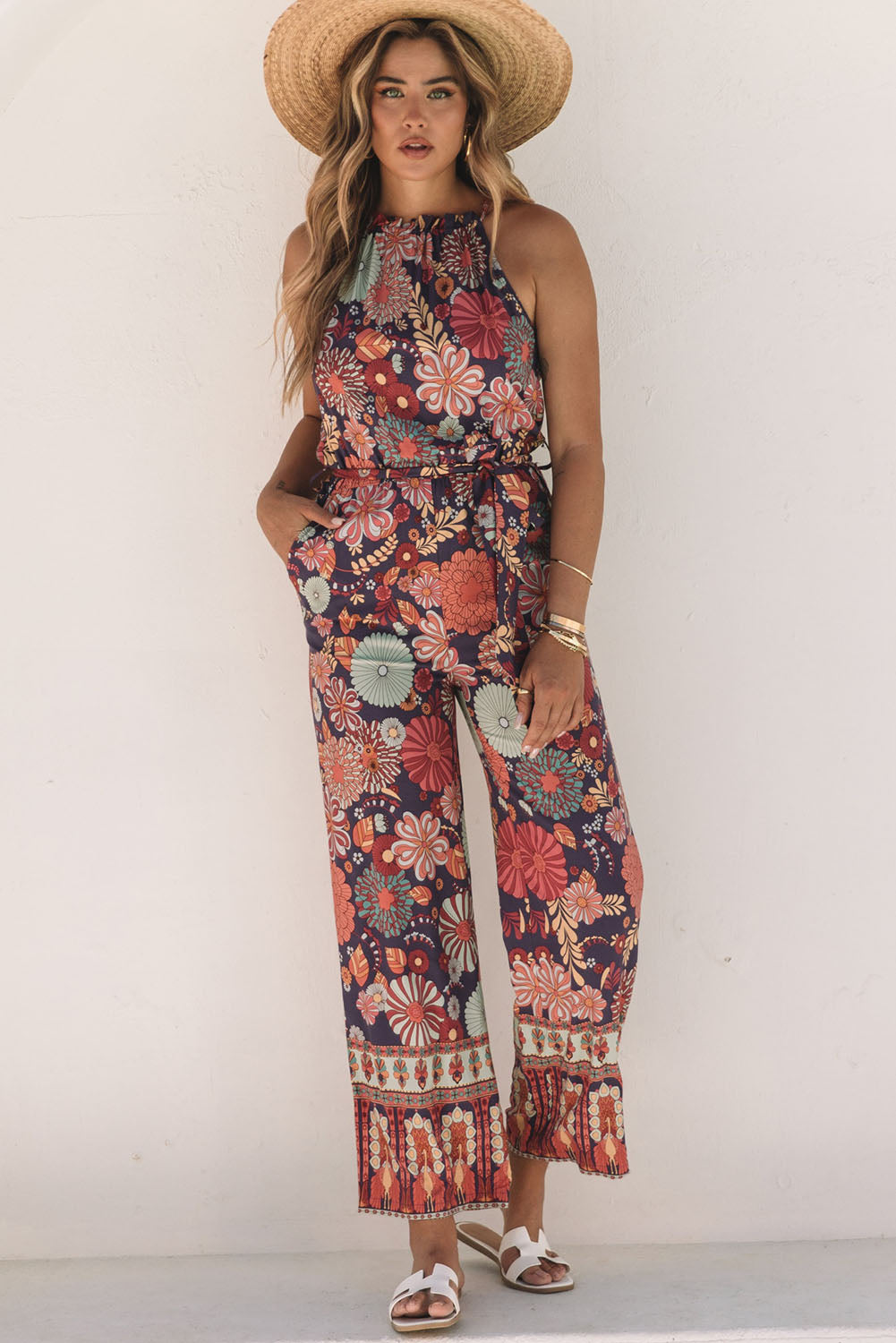 Purple Floral Print Frill Halterneck Wide Leg Jumpsuit