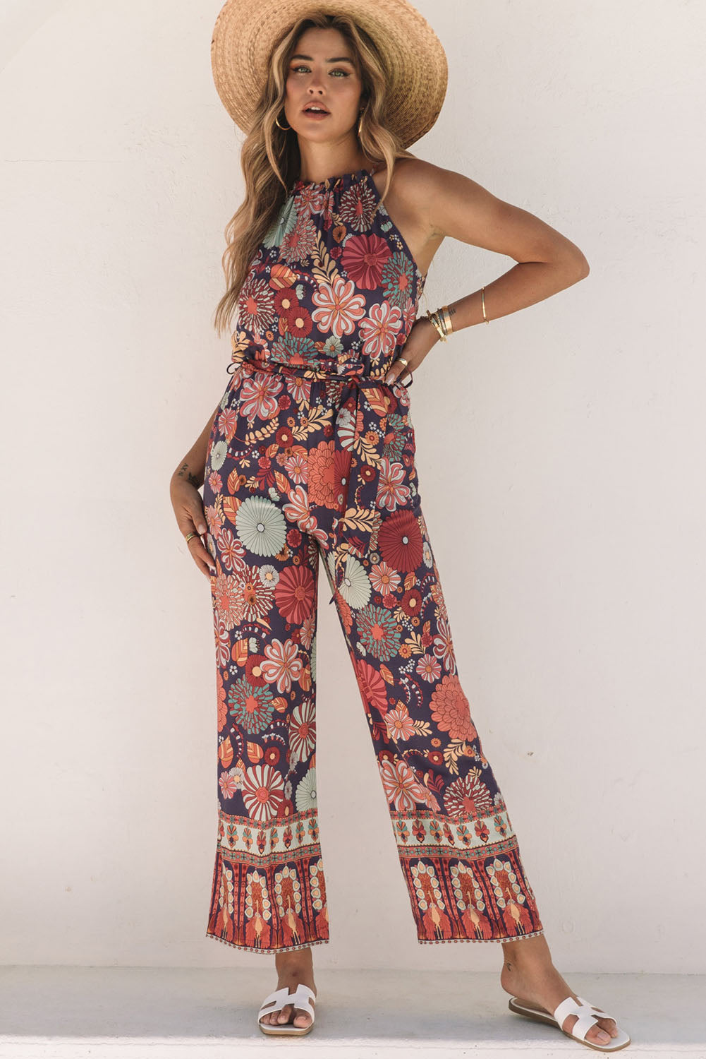 Purple Floral Print Frill Halterneck Wide Leg Jumpsuit