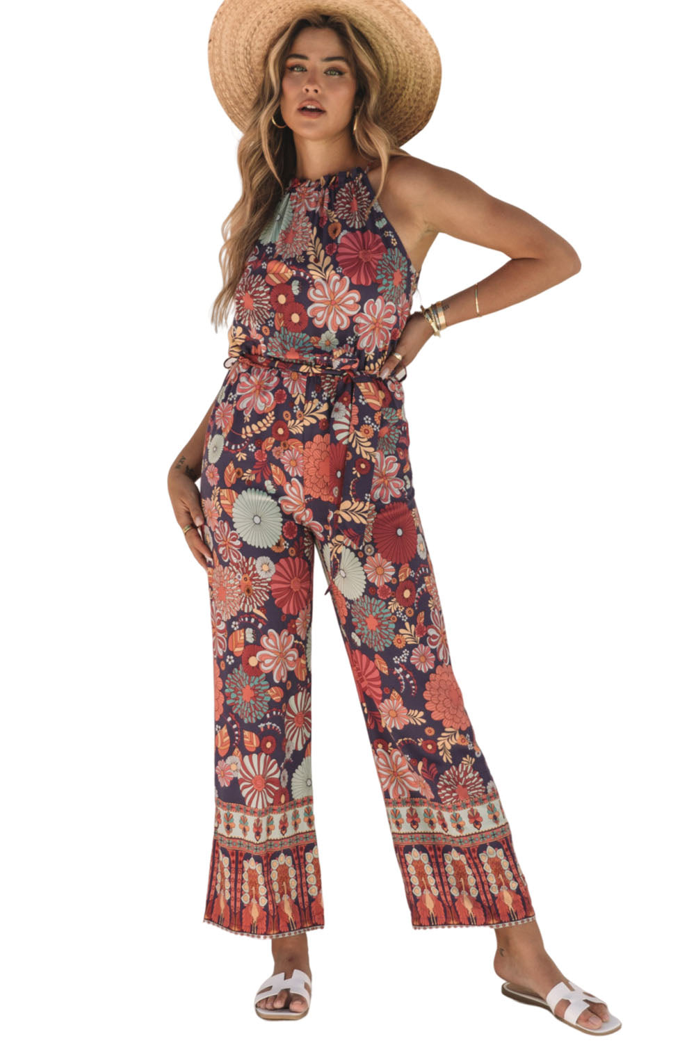 Purple Floral Print Frill Halterneck Wide Leg Jumpsuit