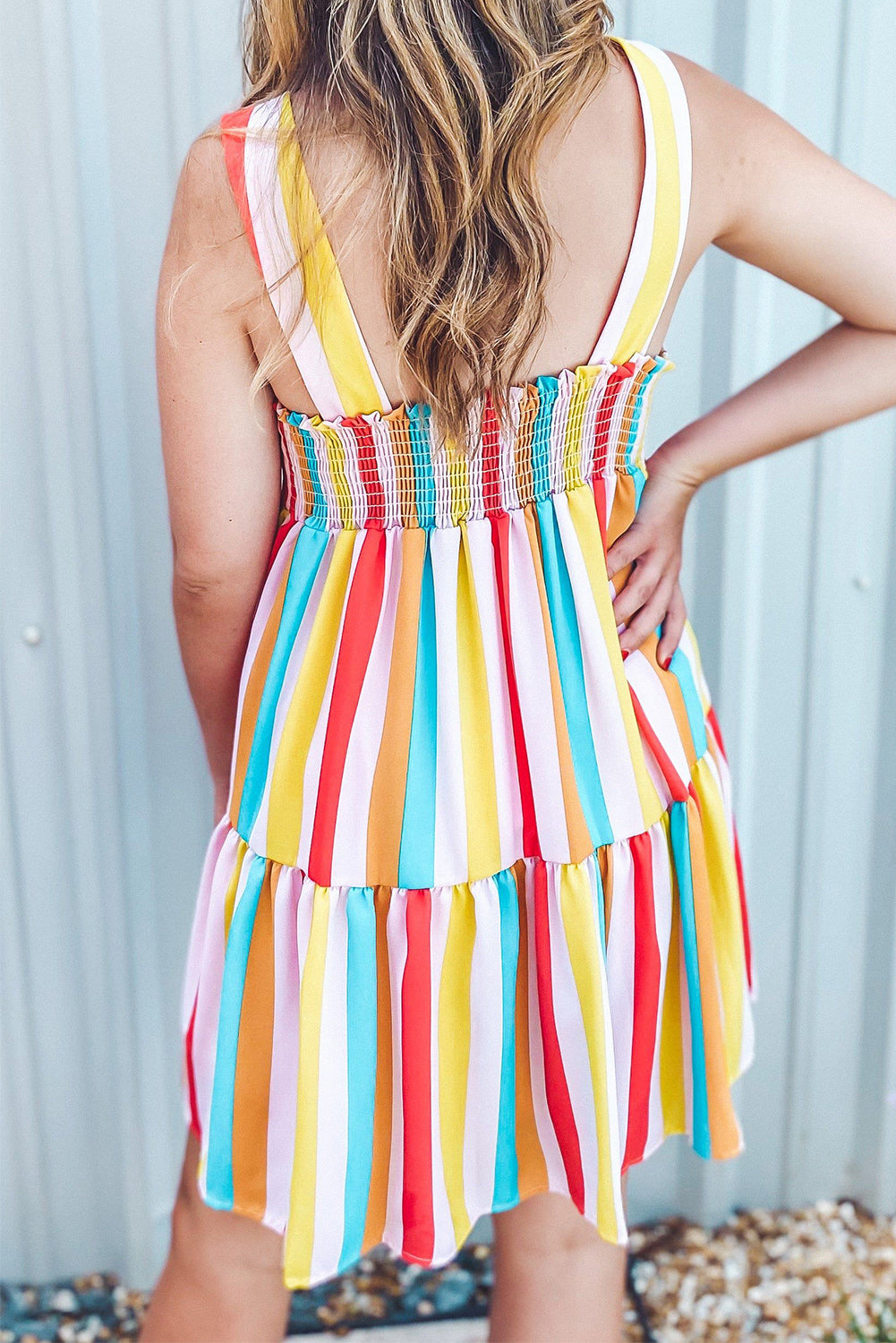 Rainbow Stripe Print Tiered Sundress