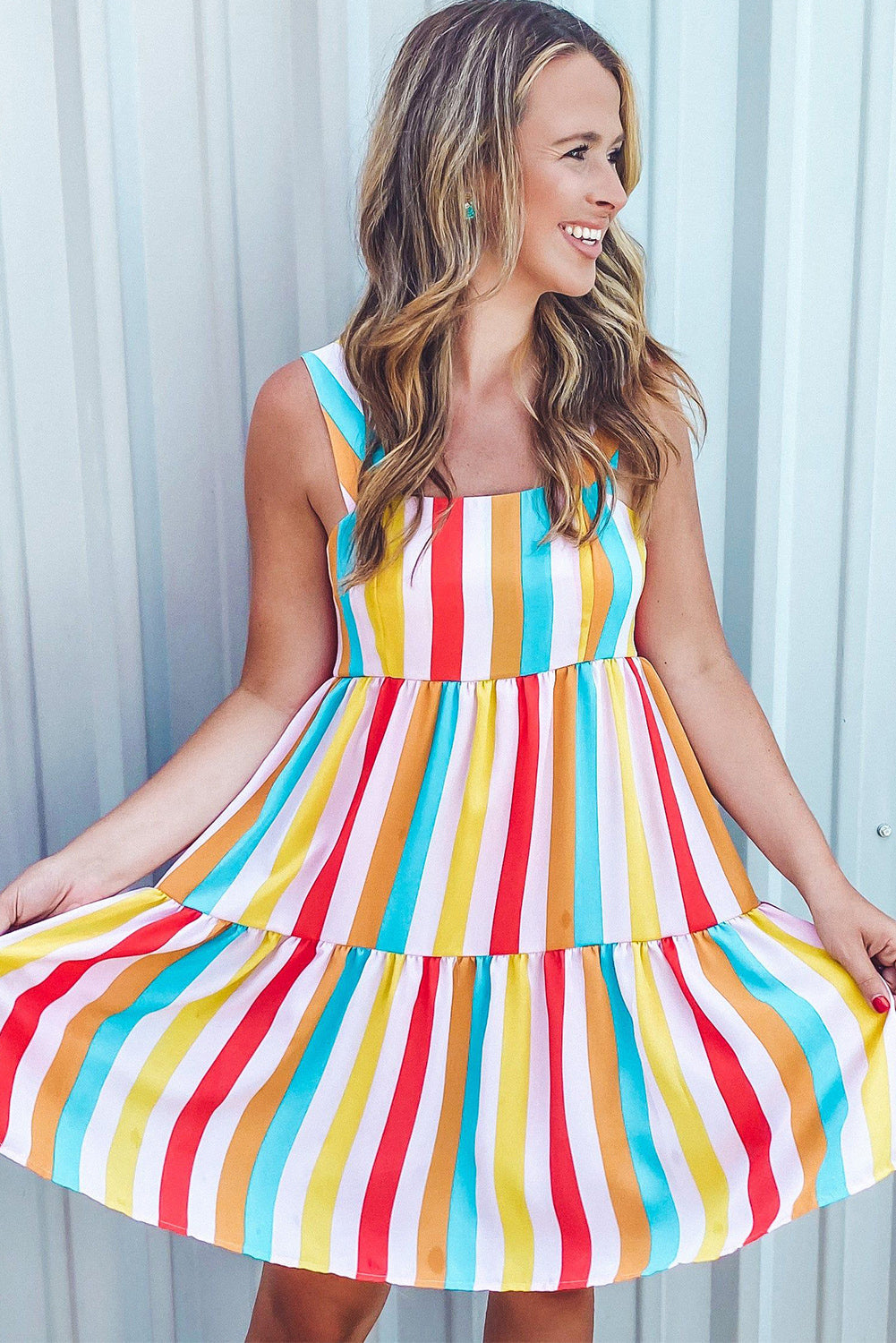 Rainbow Stripe Print Tiered Sundress