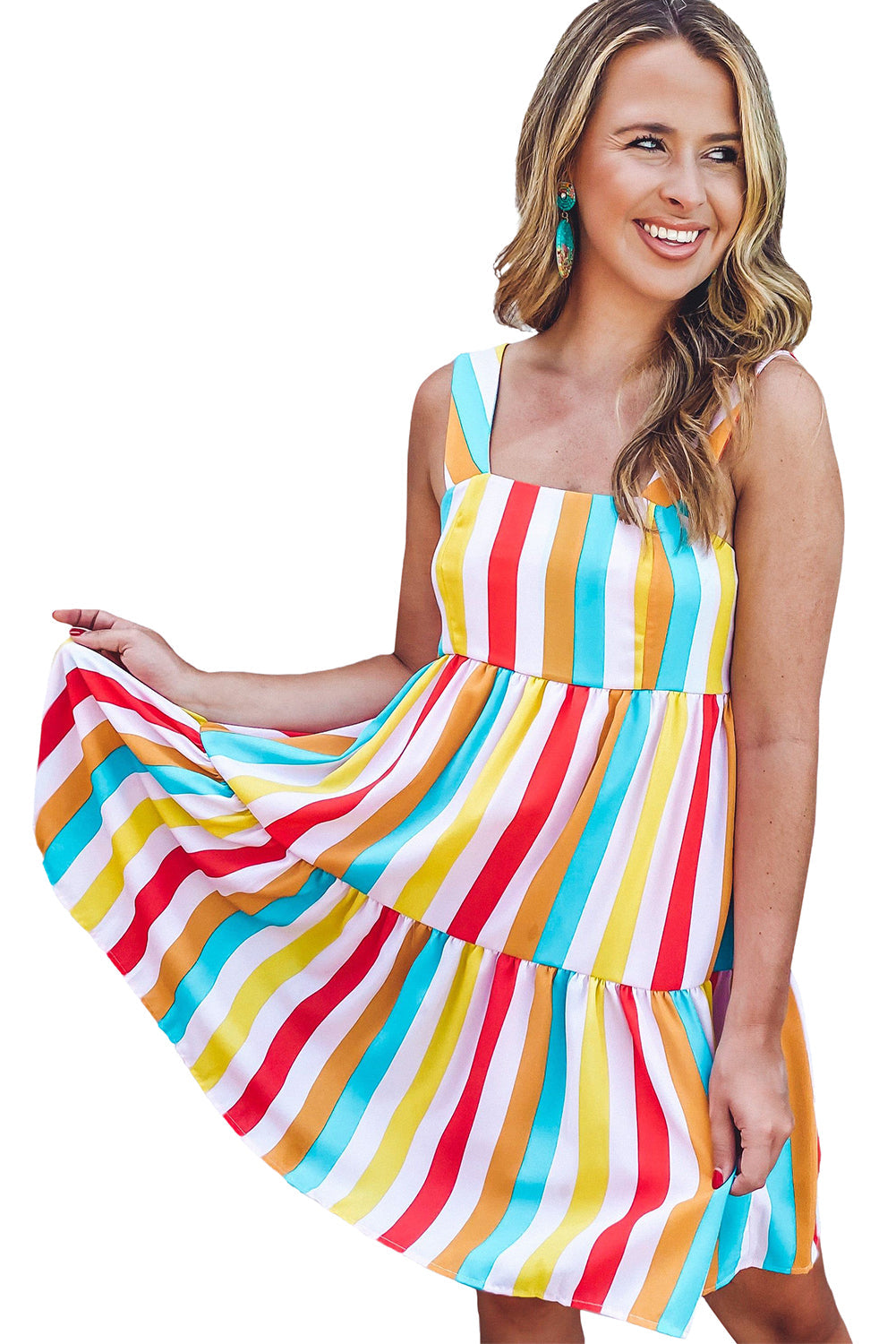 Rainbow Stripe Print Tiered Sundress