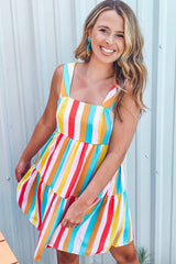 Rainbow Stripe Print Tiered Sundress