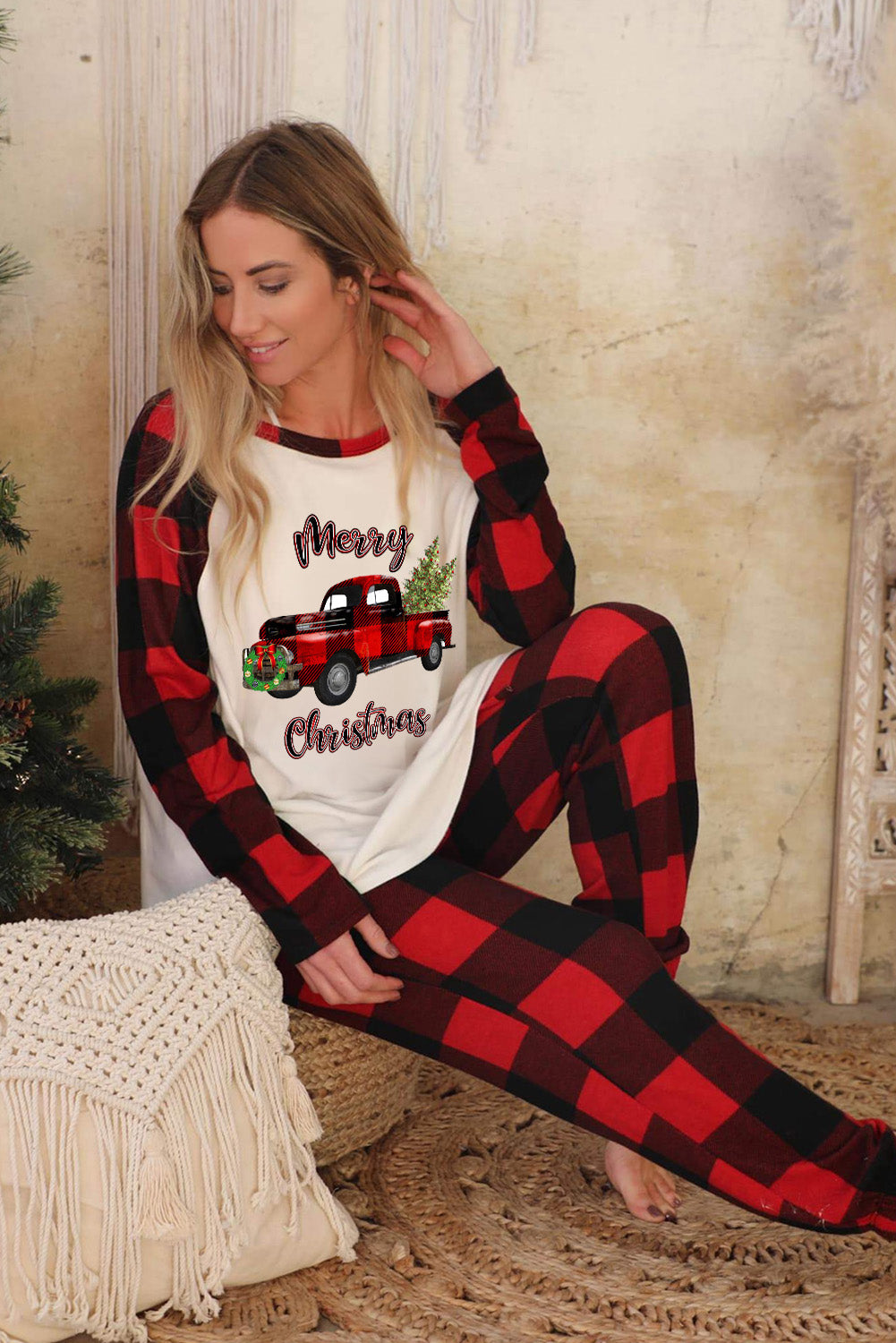 Red Christmas Pattern Plaid Color Block Two Piece Lounge Set