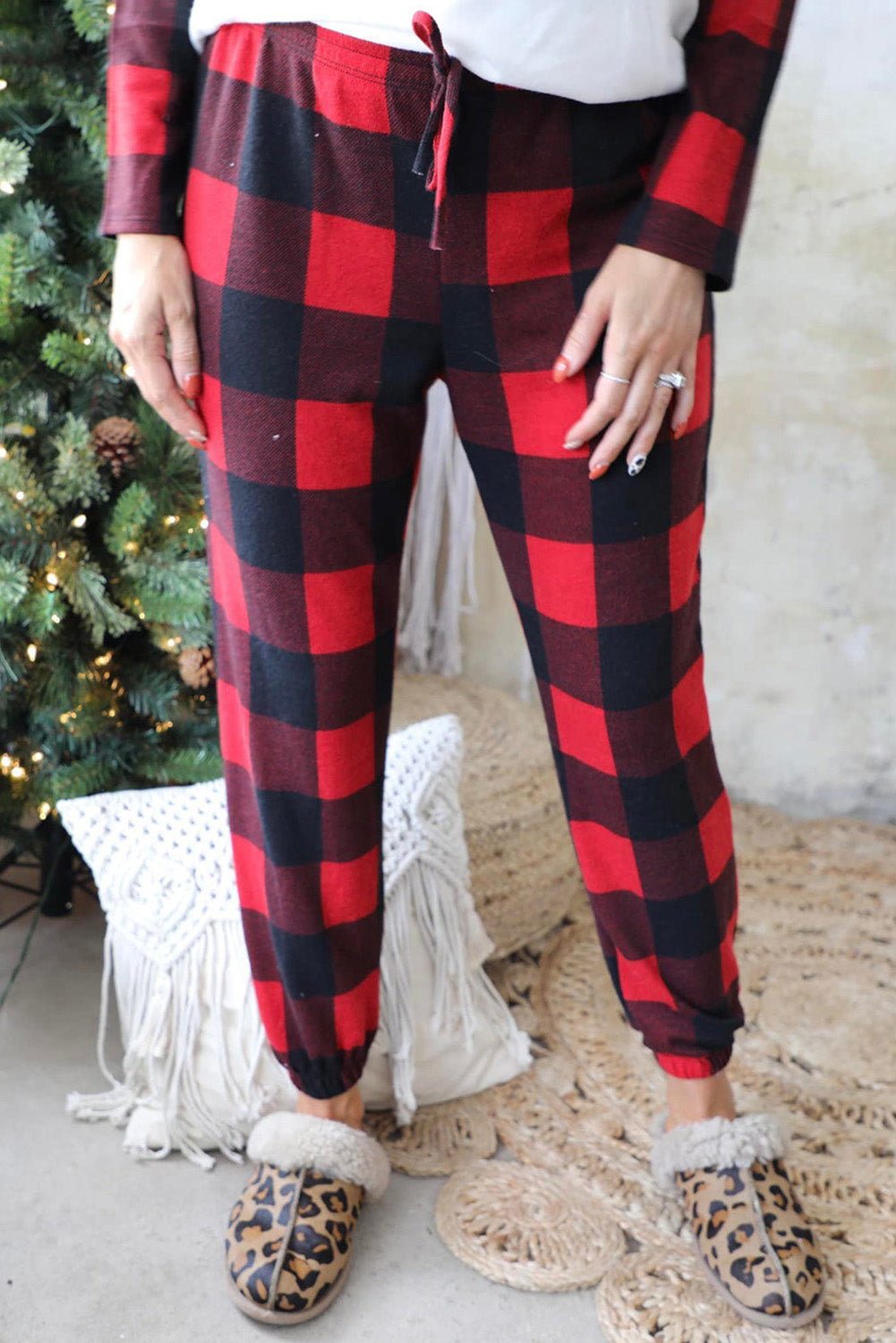 Red Merry Leopard Plaid Color Block Two Piece Lounge Set