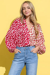 Red Petal Printed Long Sleeve Wrap V-Neck Bodysuit