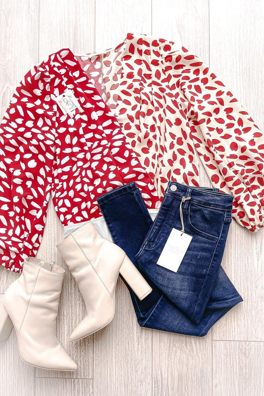 Red Petal Printed Long Sleeve Wrap V-Neck Bodysuit