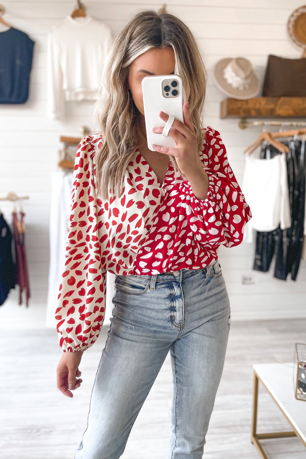 Red Petal Printed Long Sleeve Wrap V-Neck Bodysuit