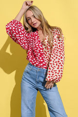 Red Petal Printed Long Sleeve Wrap V-Neck Bodysuit