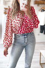 Red Petal Printed Long Sleeve Wrap V-Neck Bodysuit