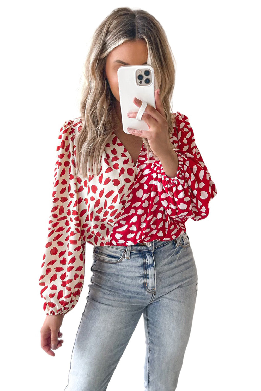 Red Petal Printed Long Sleeve Wrap V-Neck Bodysuit