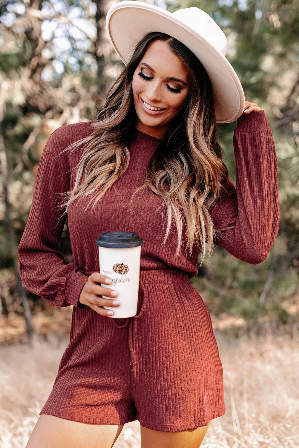 Red Ribbed Long Sleeve Romper