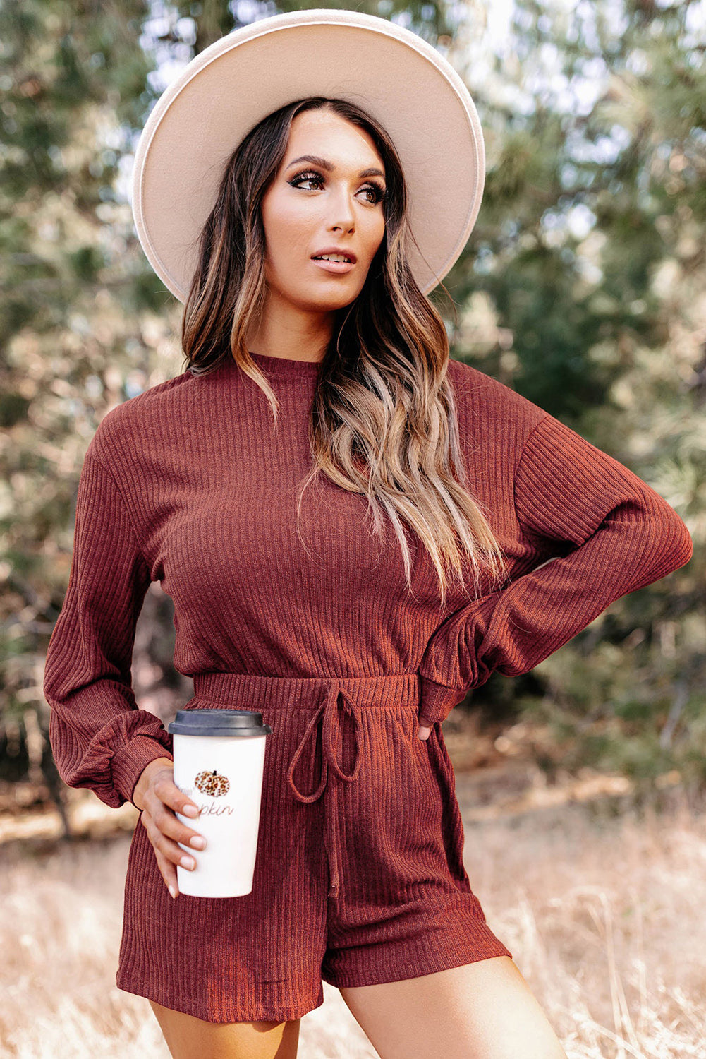 Red Ribbed Long Sleeve Romper