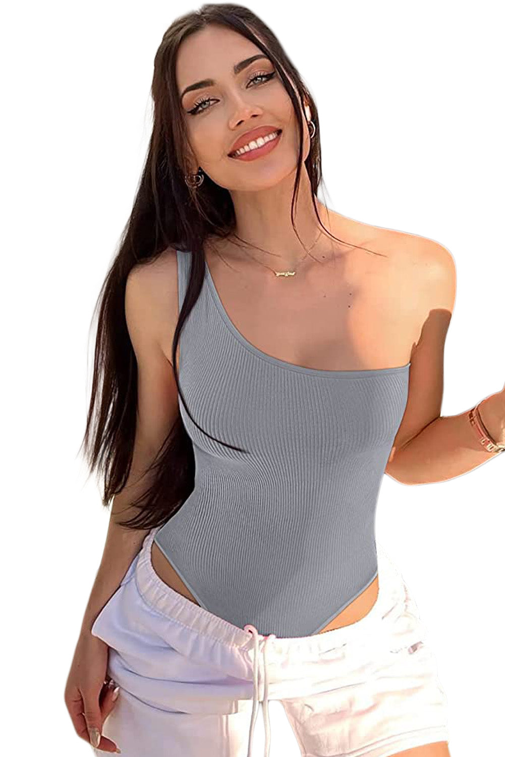 Ribbed Knit One Shoulder Sports Bodysuit