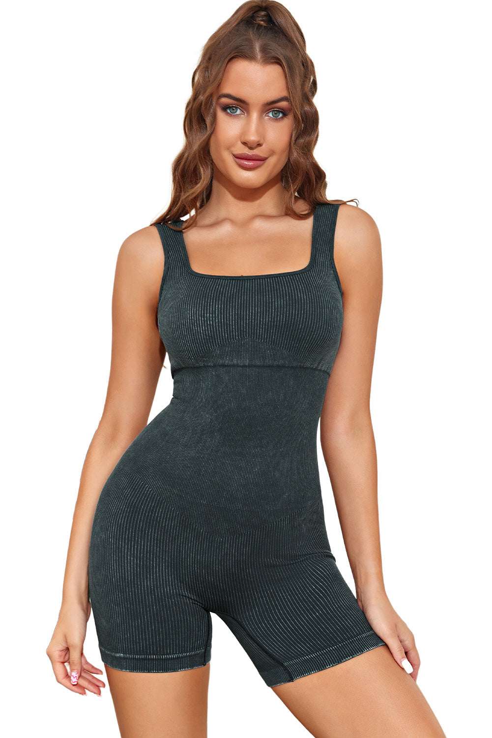 Ribbed Square Neck Padded Sports Romper