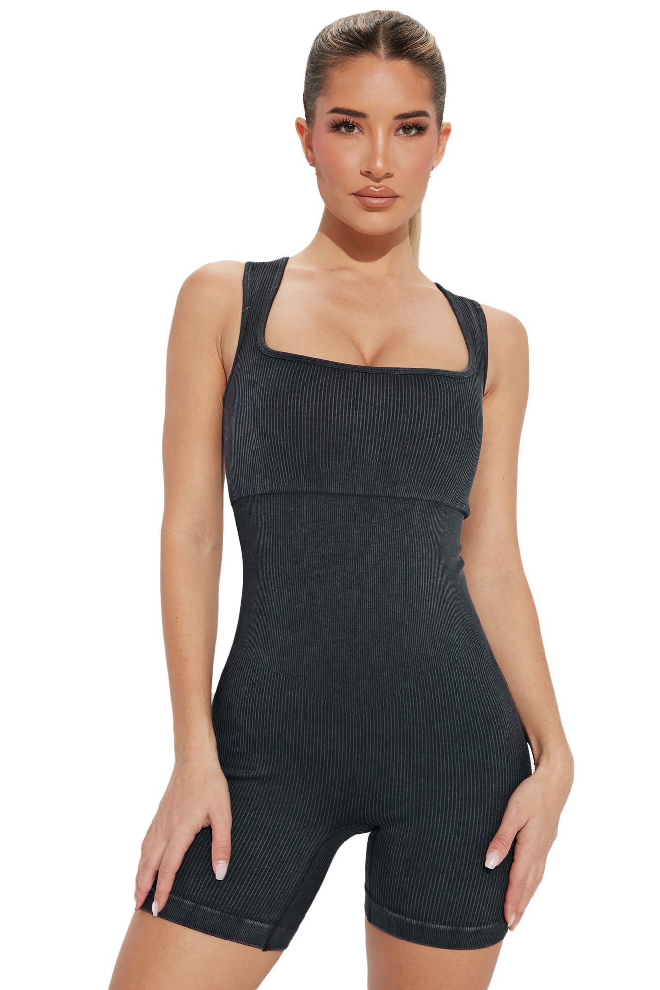 Ribbed Square Neck Padded Sports Romper