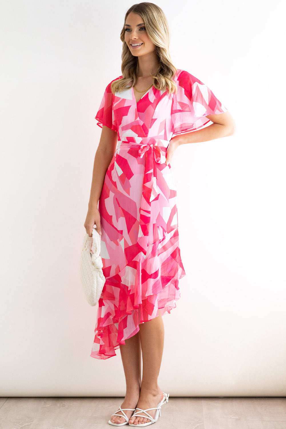 Rose Abstract Print Asymmetric Ruffle Hem Belted Dress